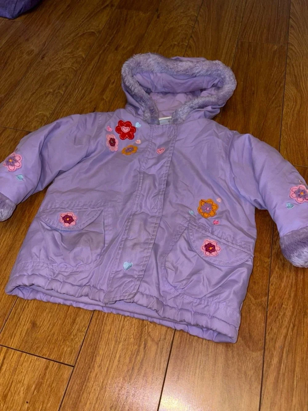 Y2K fur lined lavender puffer coat with floral design